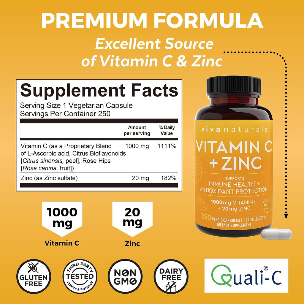 Viva Naturals Vitamina C y Zinc 1000 mg - 250 Cápsulas Vegetales