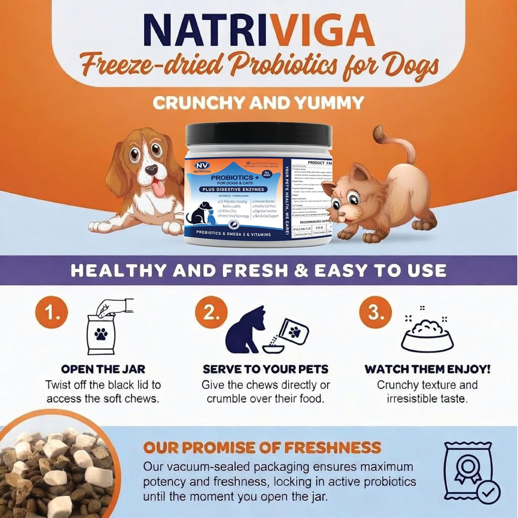 Probióticos liofilizados para perros - Apoya la salud digestiva, piel, alergias e inmunidad - con enzimas digestivas, omega-3, zinc y prebióticos - 120 masticables sabor pollo