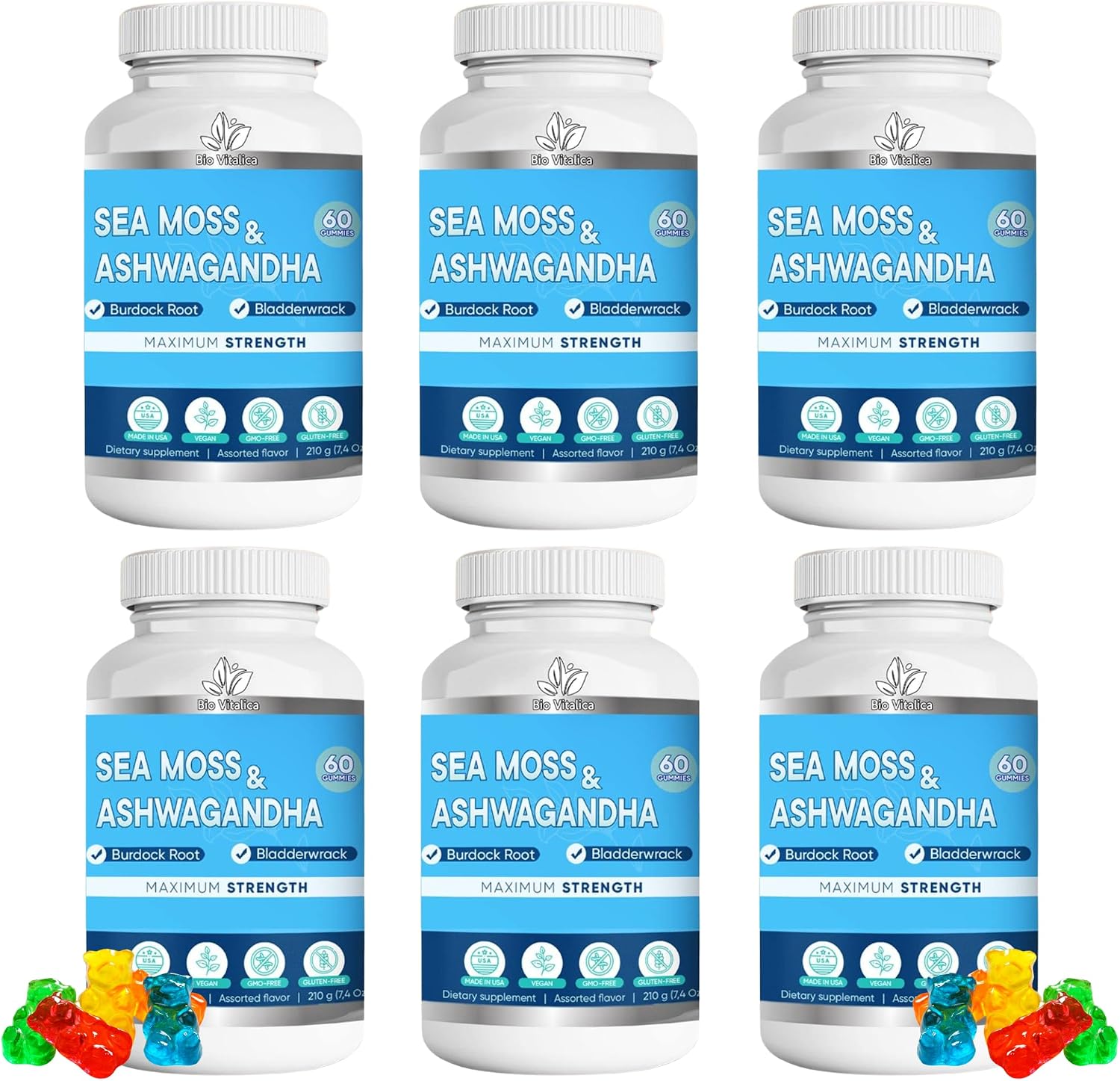BIO VITALICA Gomitas de Sea Moss y Ashwagandha - Orgánicas con Bardana y Bladderwrack - 2 Paquetes (120 gominolas)