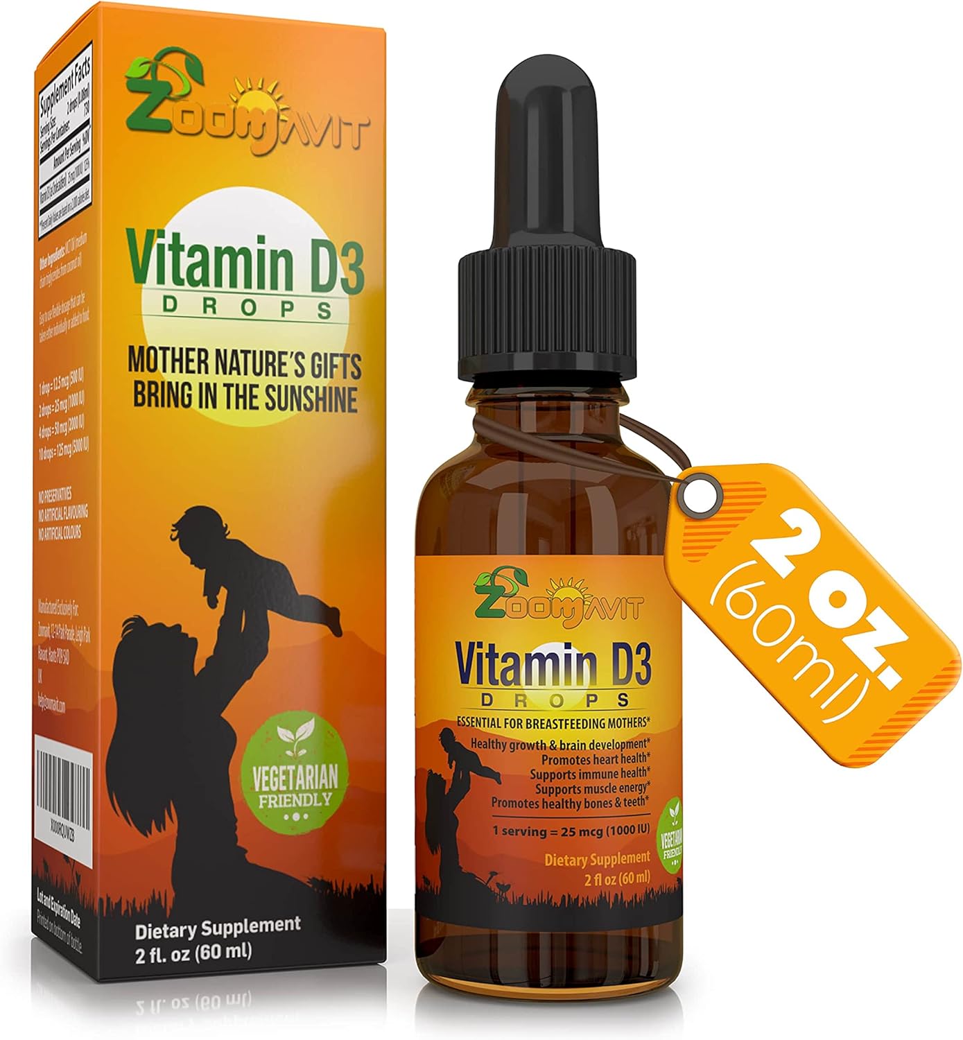 Zoomavit Vitamin D Drops - Gotas de Vitamina D3 1000 UI 59 ml - Fórmula Líquida Orgánica para Bebés, Niños y Adultos