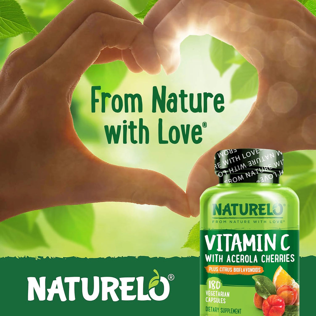 NATURELO Vitamina C con Extracto Orgánico de Acerola y Bioflavonoides Cítricos - Suplemento Vegano - 500 mg por Cápsula - 180 Cápsulas (Paquete de 2)
