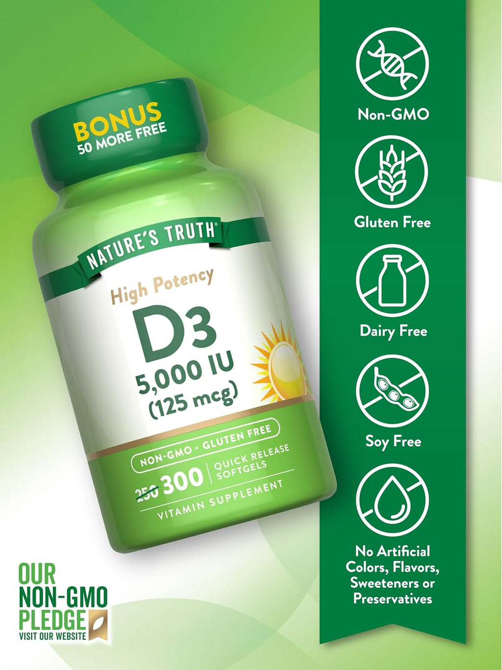 Nature's Truth Vitamina D3 5000 UI (125 mcg) - 300 Cápsulas Blandas