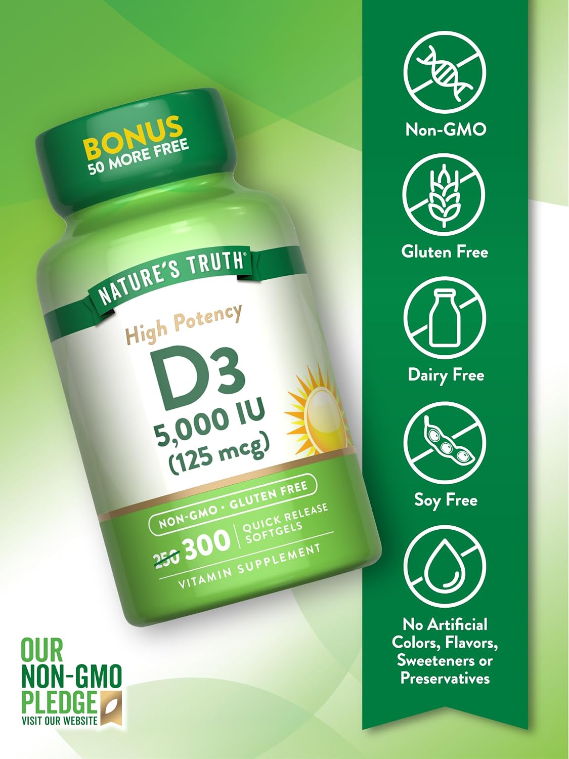 Nature's Truth Vitamina D3 5000 UI (125 mcg) - 300 Cápsulas Blandas