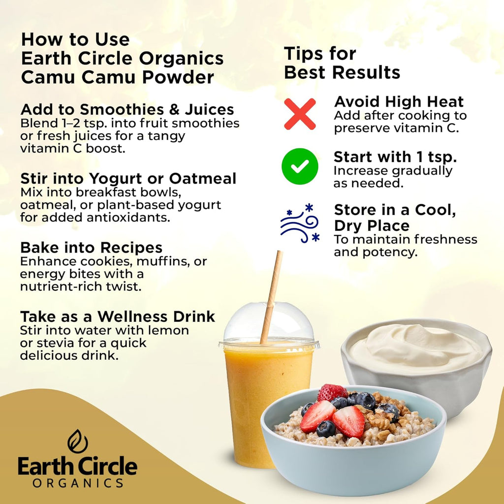 Earth Circle Organics Camu Camu en Polvo – Superalimento Orgánico con Vitamina C Natural y Antioxidantes – Vegano, Kosher, No OGM – 85 g (Pack de 3)