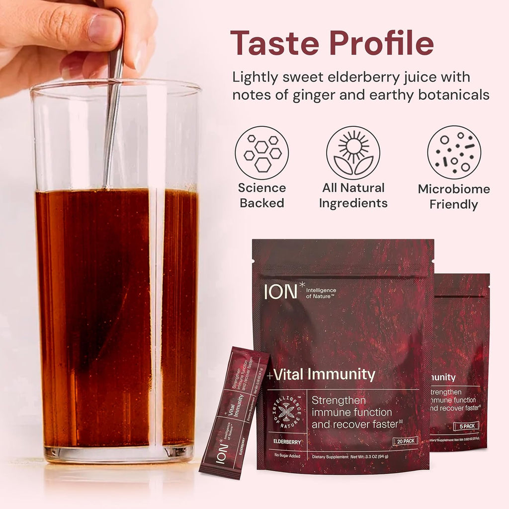 ION* Intelligence of Nature Vital Immunity Drink Mix - Apoyo Inmunitario con Vitamina C y Hongos Adaptógenos, Suplemento Diario en Sobres, Fácil de Transportar - Sabor Saúco, 20 Sobres