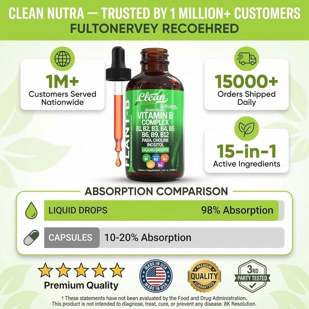 Complejo de Vitaminas B Líquido - Gotas de Vitamina B1, B2, B3, B5, B6, B7, B9, B12, Minerales y Hierbas - Clean Nutra