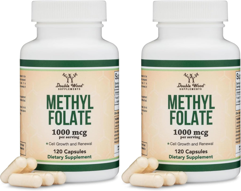Double Wood Metilfolato 1.000 mcg, 120 Cápsulas - Metilfolato Activo (No OGM, Vegano)