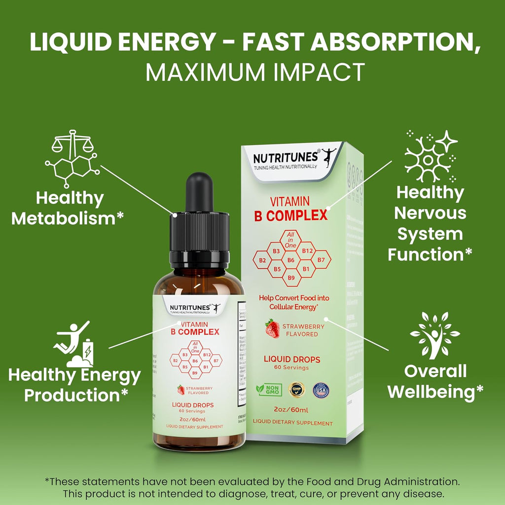 Complejo B Líquido de Alta Potencia – Gotas Completas de Vitaminas B – Sabor Fresa, Sin Azúcar, No GMO – 60 Porciones (60 ml)