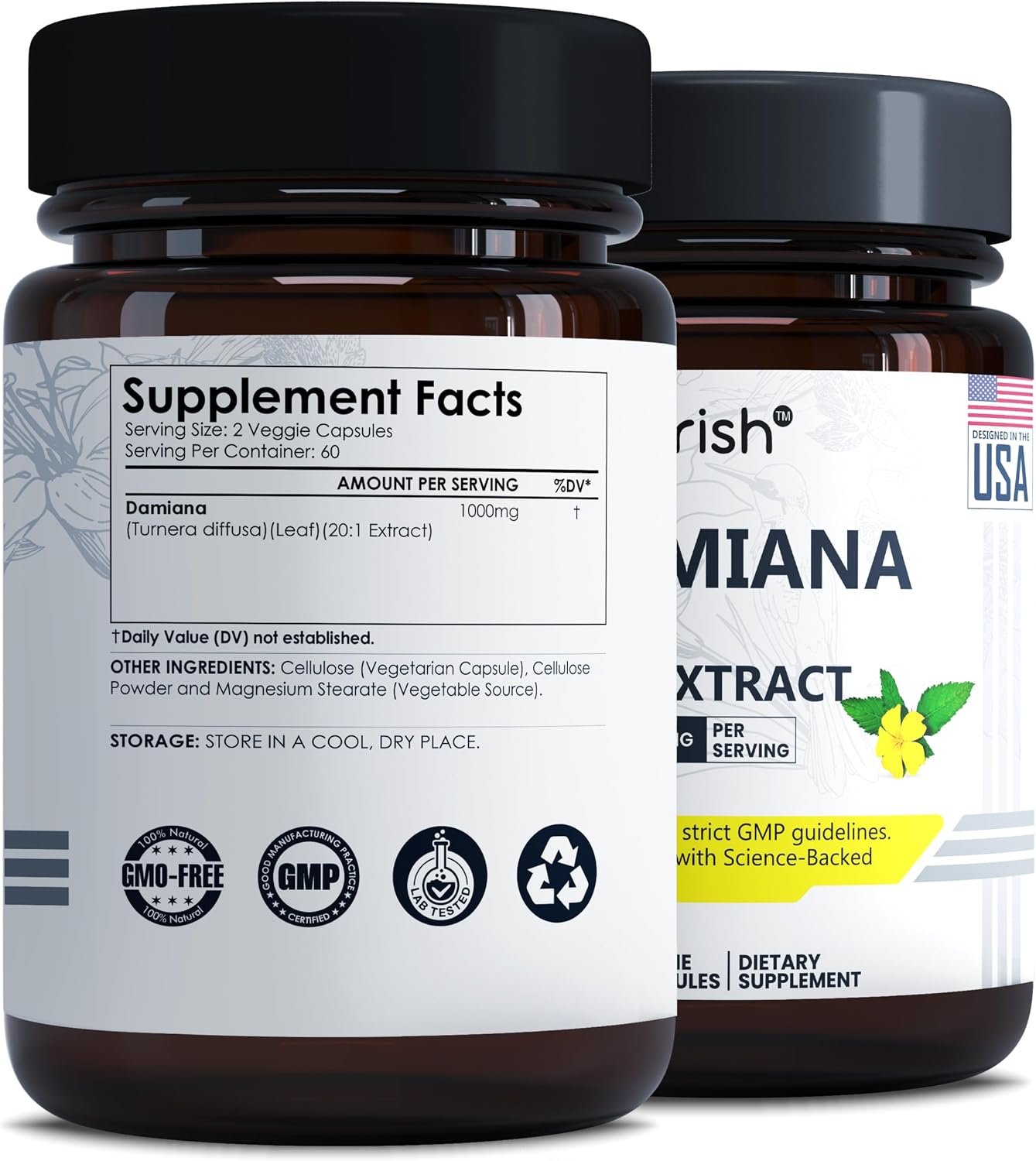 Damiana Capsules 1000mg 120 Count Damiana Leaf Extract 20:1 Herbal Supplement Plant Based Botanical Capsules Vegan Non GMO Dietary Supplement