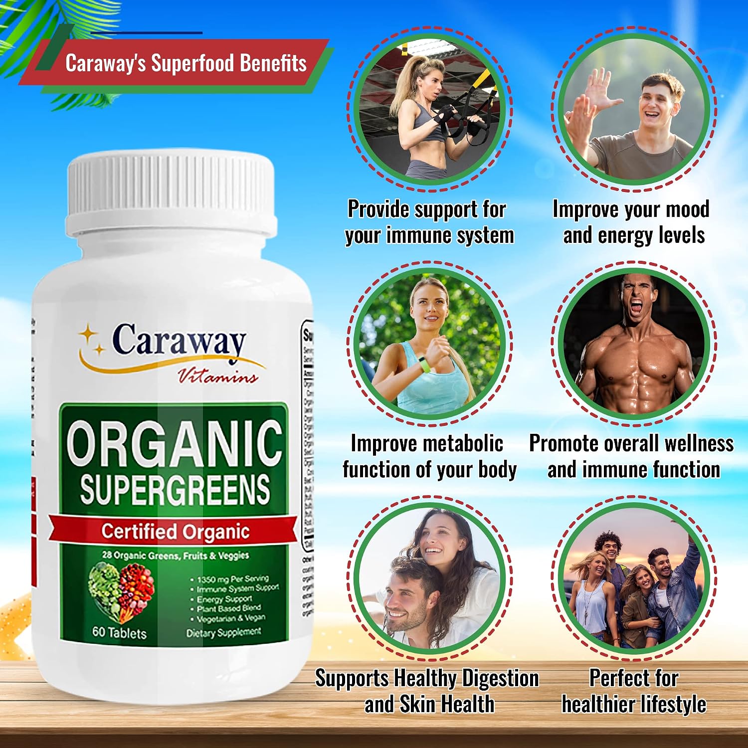 Caraway Vitamins Organic Superfoods Greens Complex - 60 Comprimidos Veganos