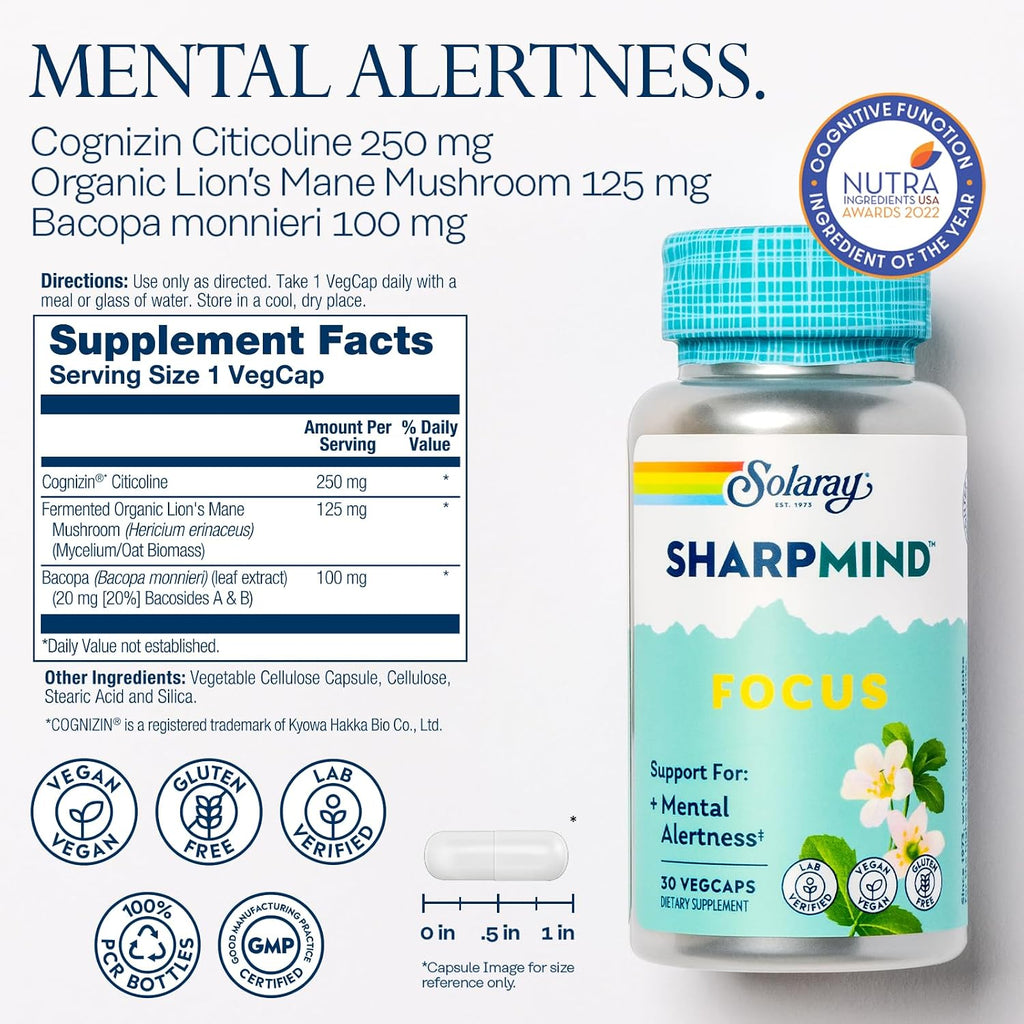 SOLARAY SharpMind Focus – Suplemento Nootrópico para la Memoria y Concentración, con Cognizin Citicoline, Bacopa monnieri y Lion's Mane, 30 Cápsulas Vegetarianas