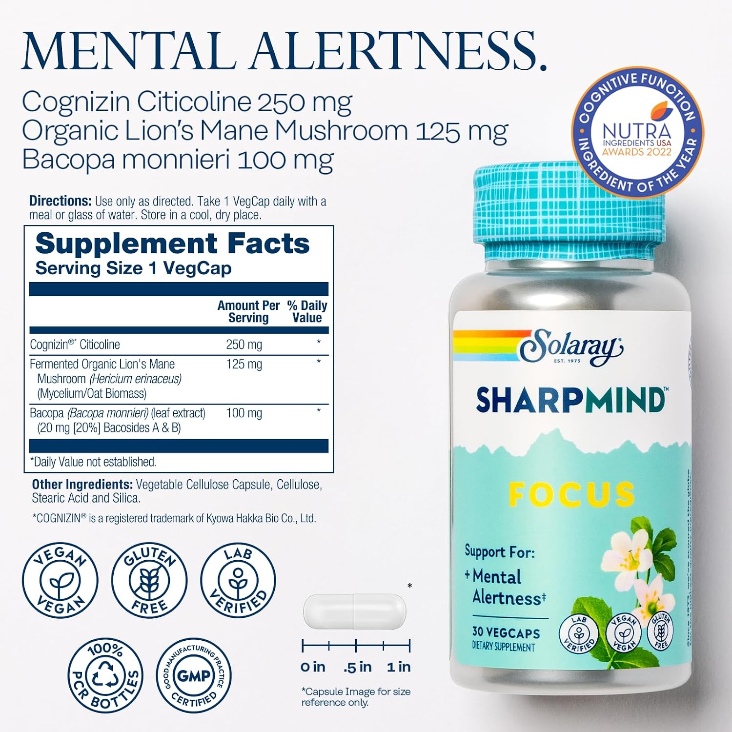 SOLARAY SharpMind Focus – Suplemento Nootrópico para la Memoria y Concentración, con Cognizin Citicoline, Bacopa monnieri y Lion's Mane, 30 Cápsulas Vegetarianas