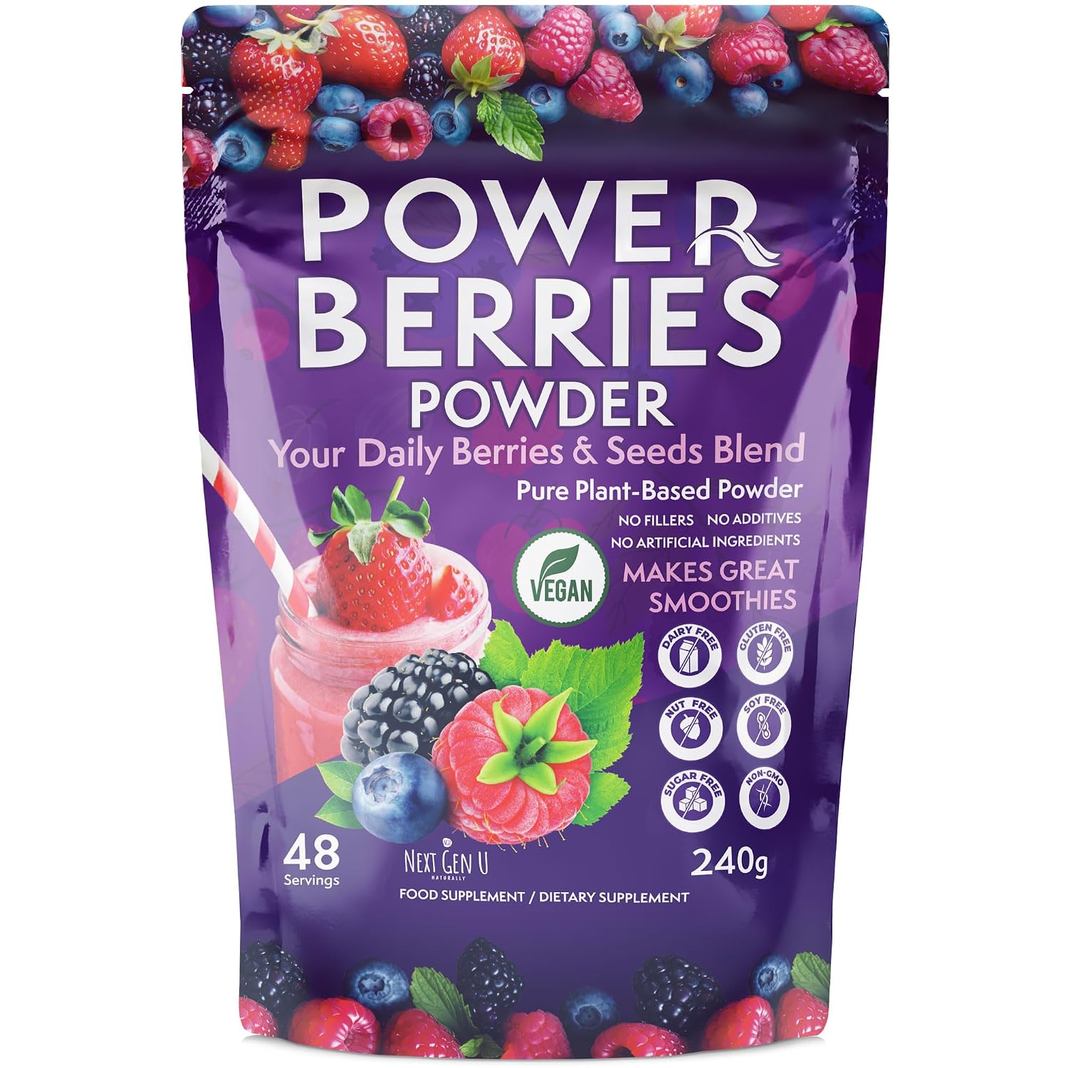 Super Berry Powder - 1 Paquete, 240g - Apoyo Inmunológico - Complemento Alimenticio - Bayas Superfood - Mezcla para Batidos - Impulso Saludable para Bebidas Detox - de NextGenU