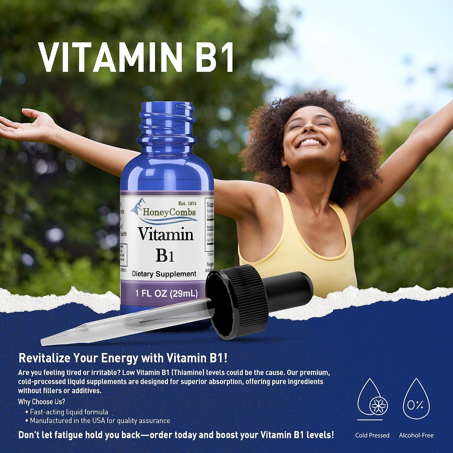 HoneyCombs Gotas de Alta Potencia de Vitamina B1 (Tiamina) y B2 (Riboflavina) - Sin Alcohol, Fácil Absorción