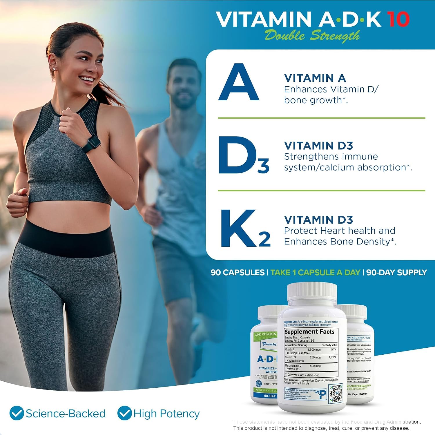 Power By Naturals ADK Vitamin Supplement – Vitaminas A, D3 (250 mcg) y K2 MK-7 – 180 Cápsulas (2 Paquetes, 6 Meses)