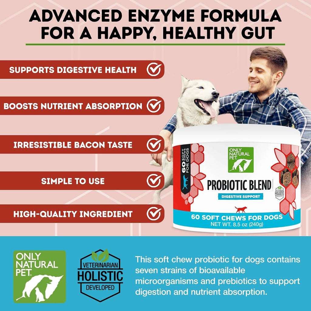 Only Natural Pet Probiótico para Perros y Gatos - Complemento Digestivo con Enzimas, 60 Masticables Blandos