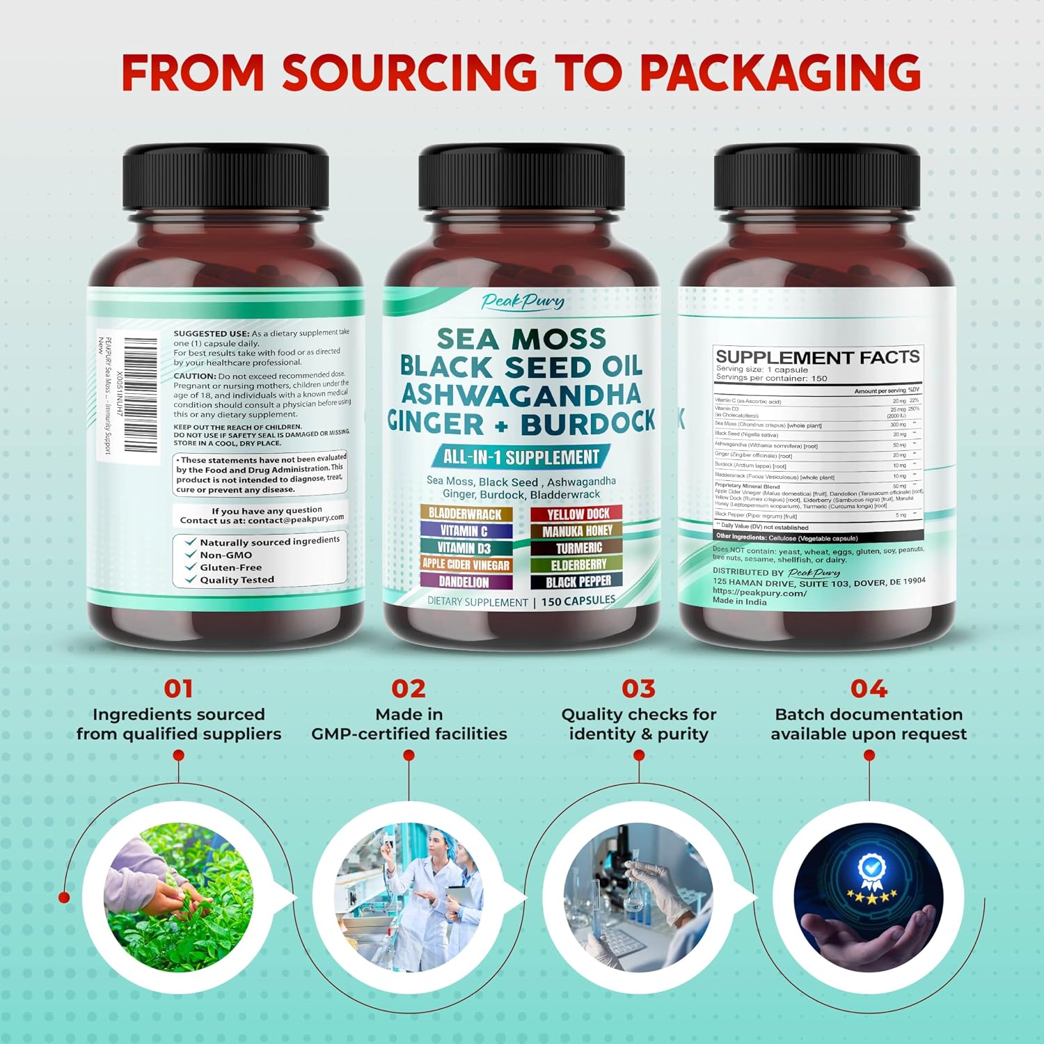PEAKPURY Sea Moss Black Seed Oil Ashwagandha Ginger Burdock Bladderwrack - Apoyo Inmunitario