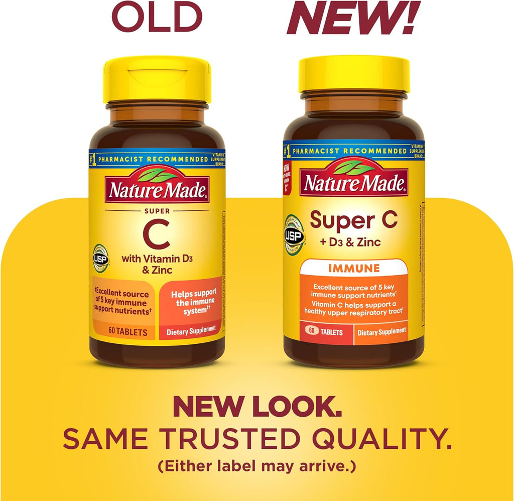 Nature Made Super C Comprimidos con Vitamina D3 y Zinc, 1000 mg de Vitamina C, 60 Comprimidos