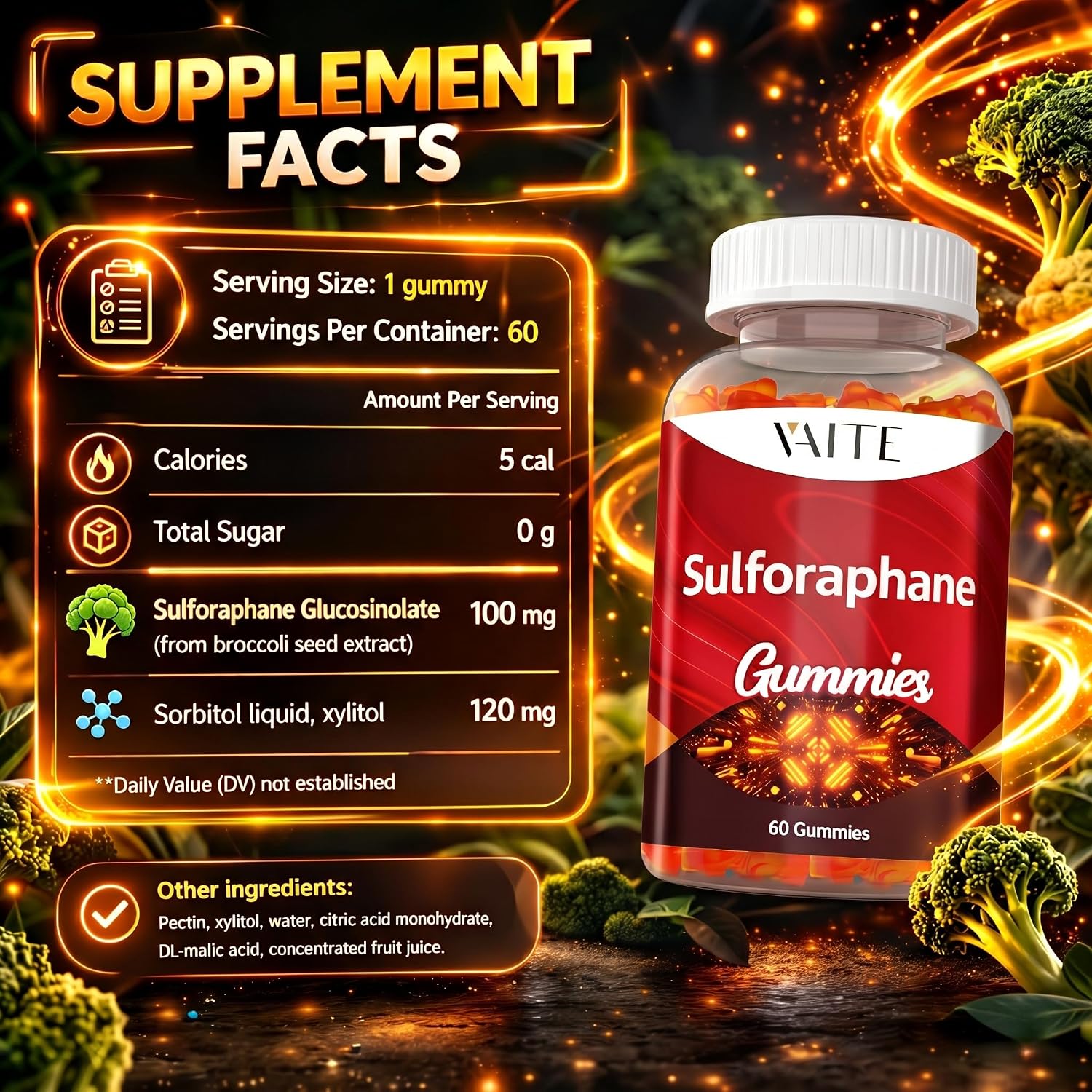 Sulforaphane Glucosinolate Supplement 100mg – Gominolas de Extracto de Semilla de Brócoli, Apoyo Antioxidante, Bienestar General, Energía, Apoyo Inmunitario, No Transgénico, Sin Gluten, para Hombres y Mujeres, 60 Gominolas