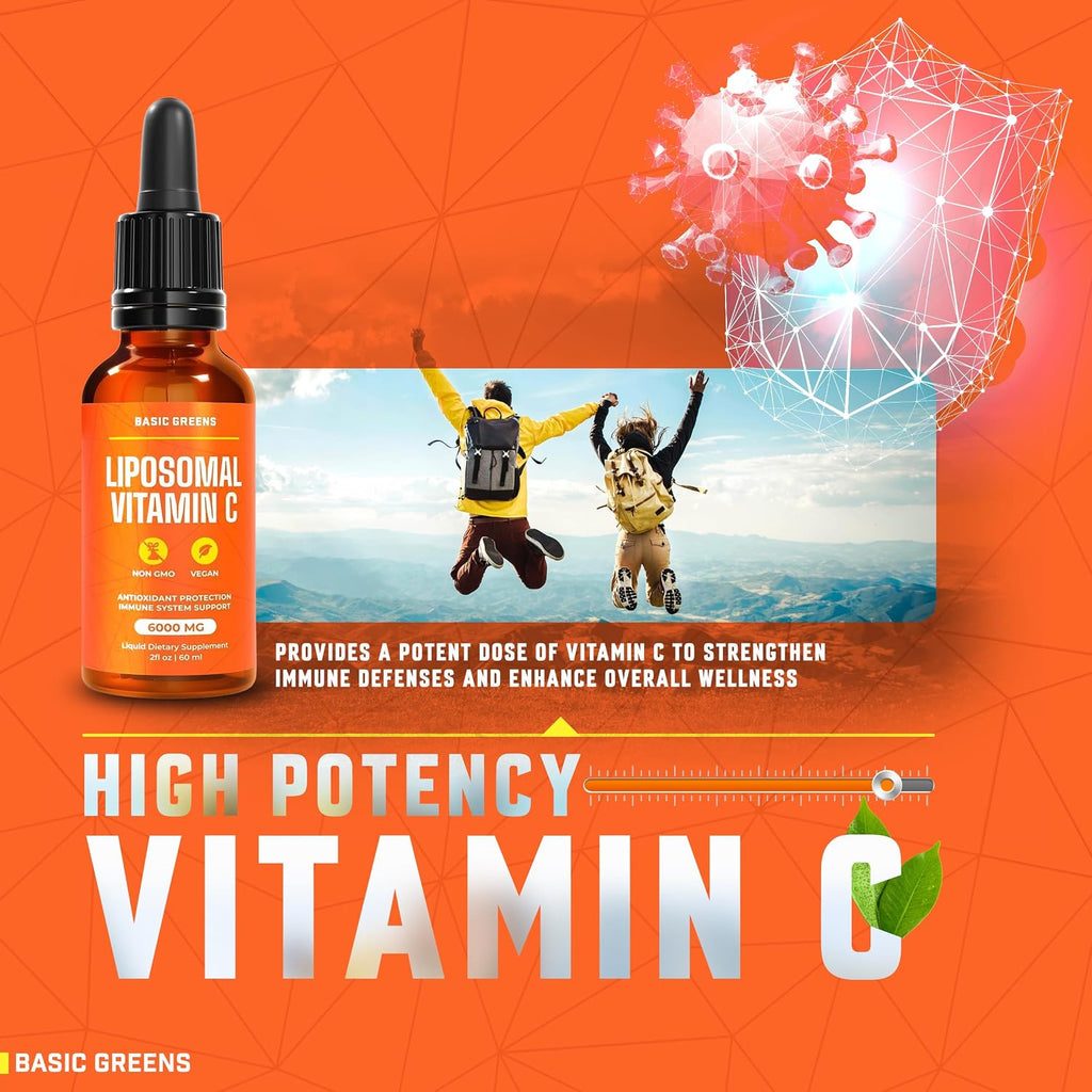 BASIC GREENS Vitamina C Liposomal Líquida 6000mg – Alta Absorción – Apoyo Inmunitario, Antioxidante y Salud de la Piel – No-GMO, Vegano, Fórmula Suave – 60 ml