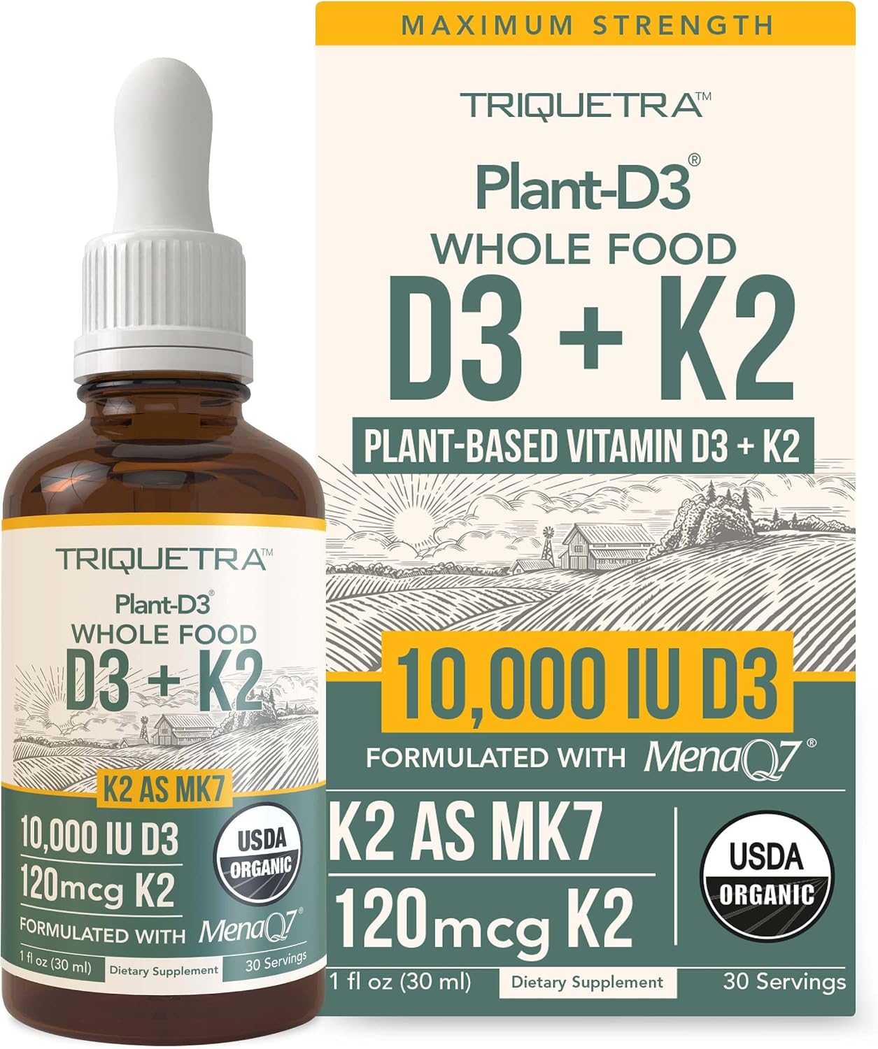 Vitamina D3 K2 Orgánica 10000 UI + 120 mcg MK-7 - Gotas Sublinguales - Triquetra Health