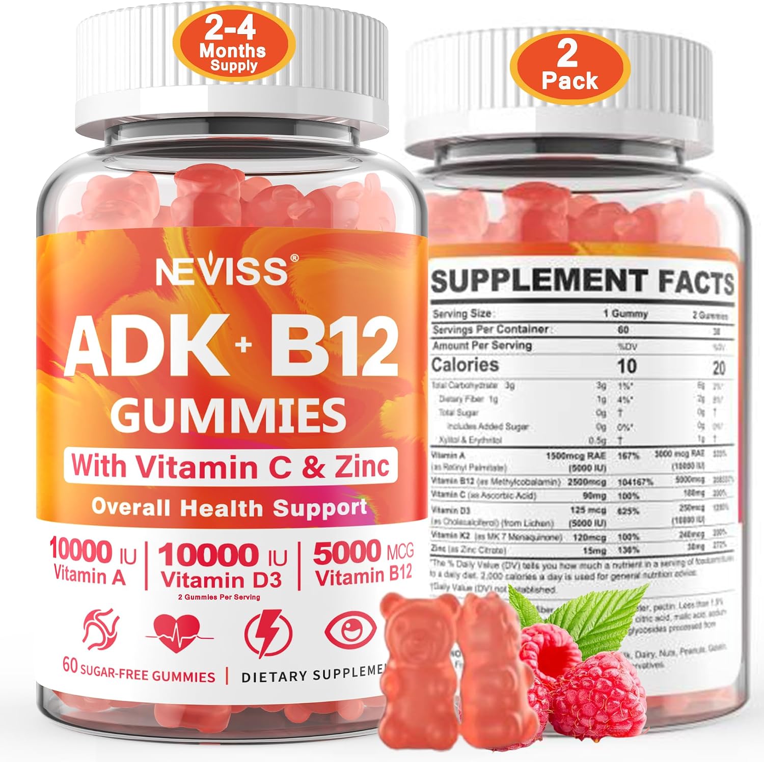 Gominolas ADK+Vitamina B12 Sin Azúcar - Vitamina D3 10000 UI, K2 MK-7 240 mcg, B12 5000 mcg, Multivitamínico Vegano para Adultos