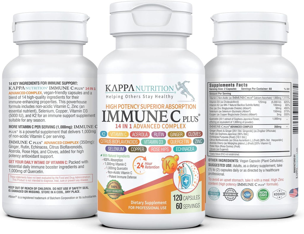 Immune C Plus 14 en 1 – Quercetina 1000mg, Vitamina C 1000mg, Zinc 50mg, Vitamina D3 5000 UI, Selenio, Cobre, Acerola, Jengibre, Rutina, Naranja Amarga, Escaramujo, Equinácea (120 Cápsulas)