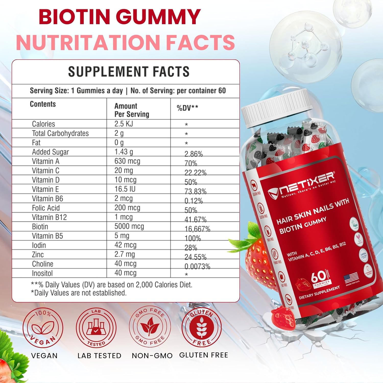 nETiXER Biotin Gummies 5000 mcg | Multivitamin Gummies | Vitamins A C D E B6 B12 with Zinc | Strawberry Flavor | Vegan | Individually Wrapped | 60 Count