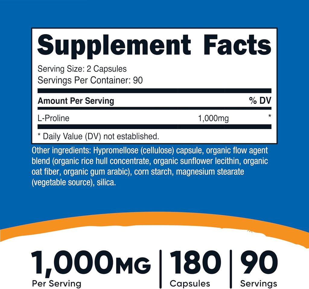 Nutricost L-Prolina 1000mg, 180 Cápsulas (90 Porciones) - 500mg por Cápsula, No-GMO, Sin Gluten