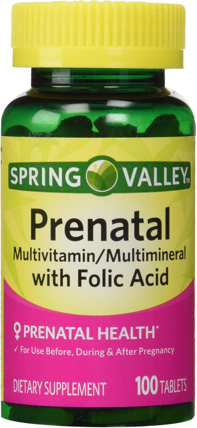 Spring Valley - Prenatal, Multivitamínico, Multimineral, 100 Comprimidos con Ácido Fólico