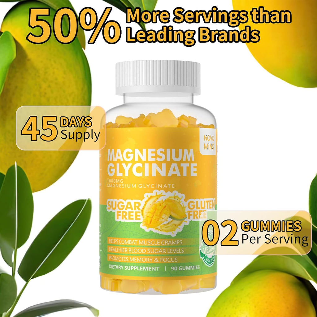 Gominolas de Magnesio Glicinato 1000mg - Sin Azúcar, con Vitamina D, B6, CoQ10, Potasio y Calcio - 90 Gominolas Sabor Frambuesa Natural