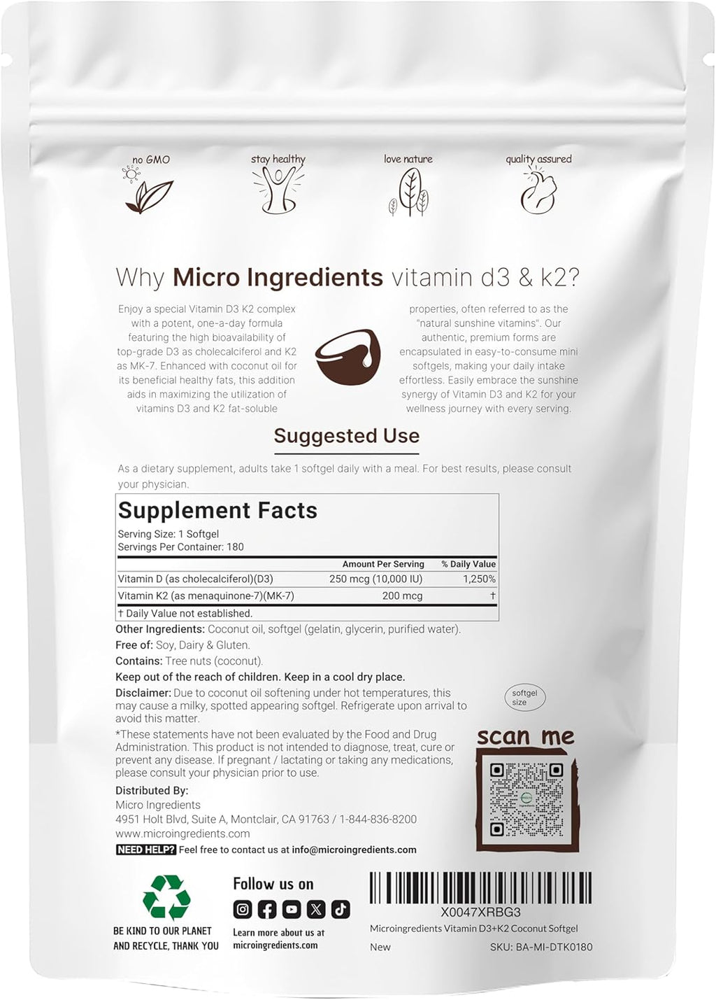 Micro Ingredients Vitamina D3 10.000 UI + K2 MK-7 200 mcg, 180 Cápsulas Blandas con Aceite de Coco Virgen