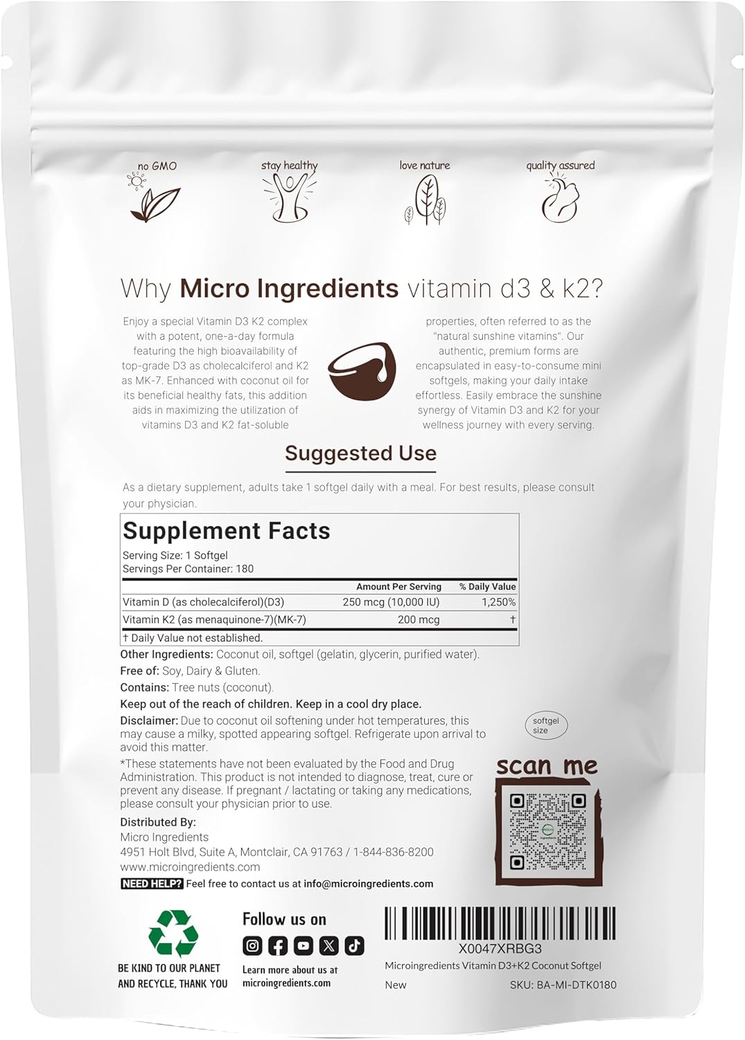 Micro Ingredients Vitamina D3 10.000 UI + K2 MK-7 200 mcg, 180 Cápsulas Blandas con Aceite de Coco Virgen