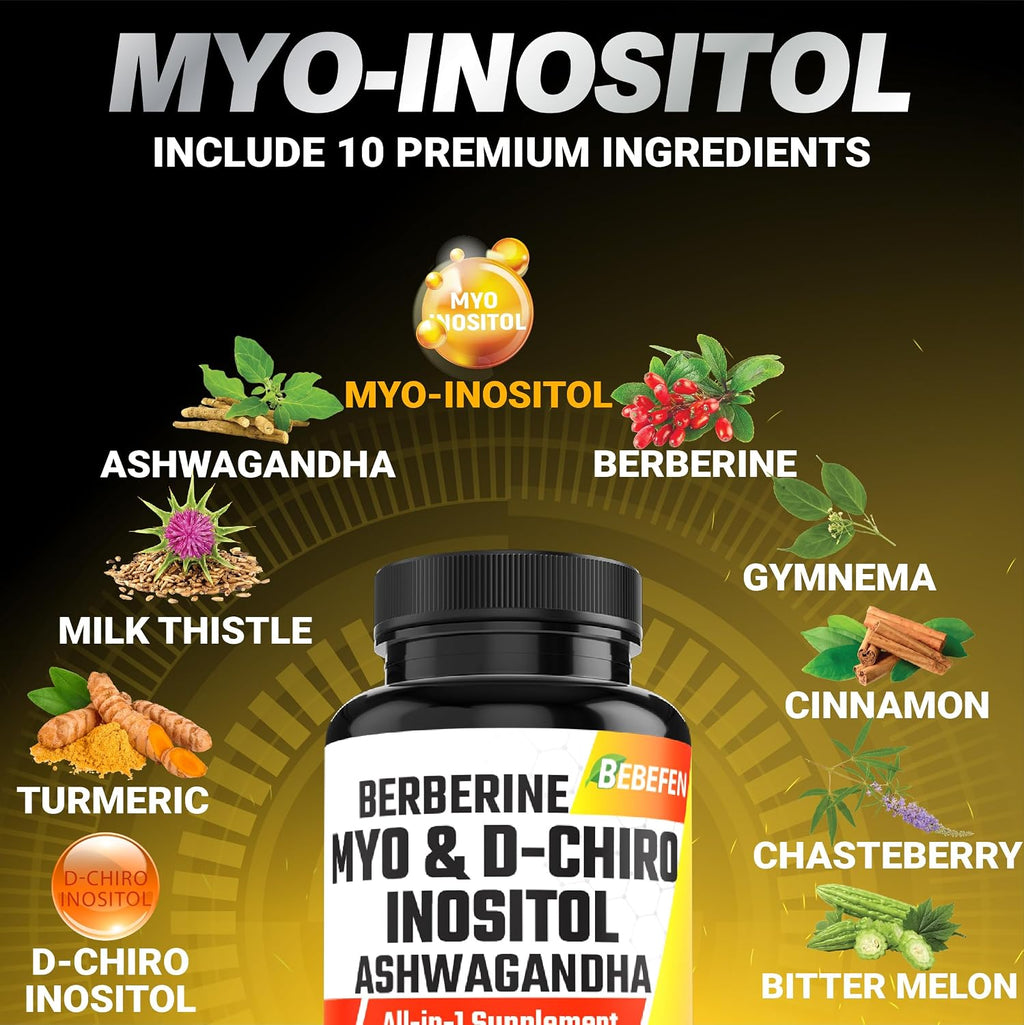 Cápsulas de Myo-Inositol y D-Chiro Inositol con Ashwagandha, Berberina, Canela, Gymnema, Sauzgatillo, Cardo Mariano, Cúrcuma y Melón Amargo - 90 Cápsulas