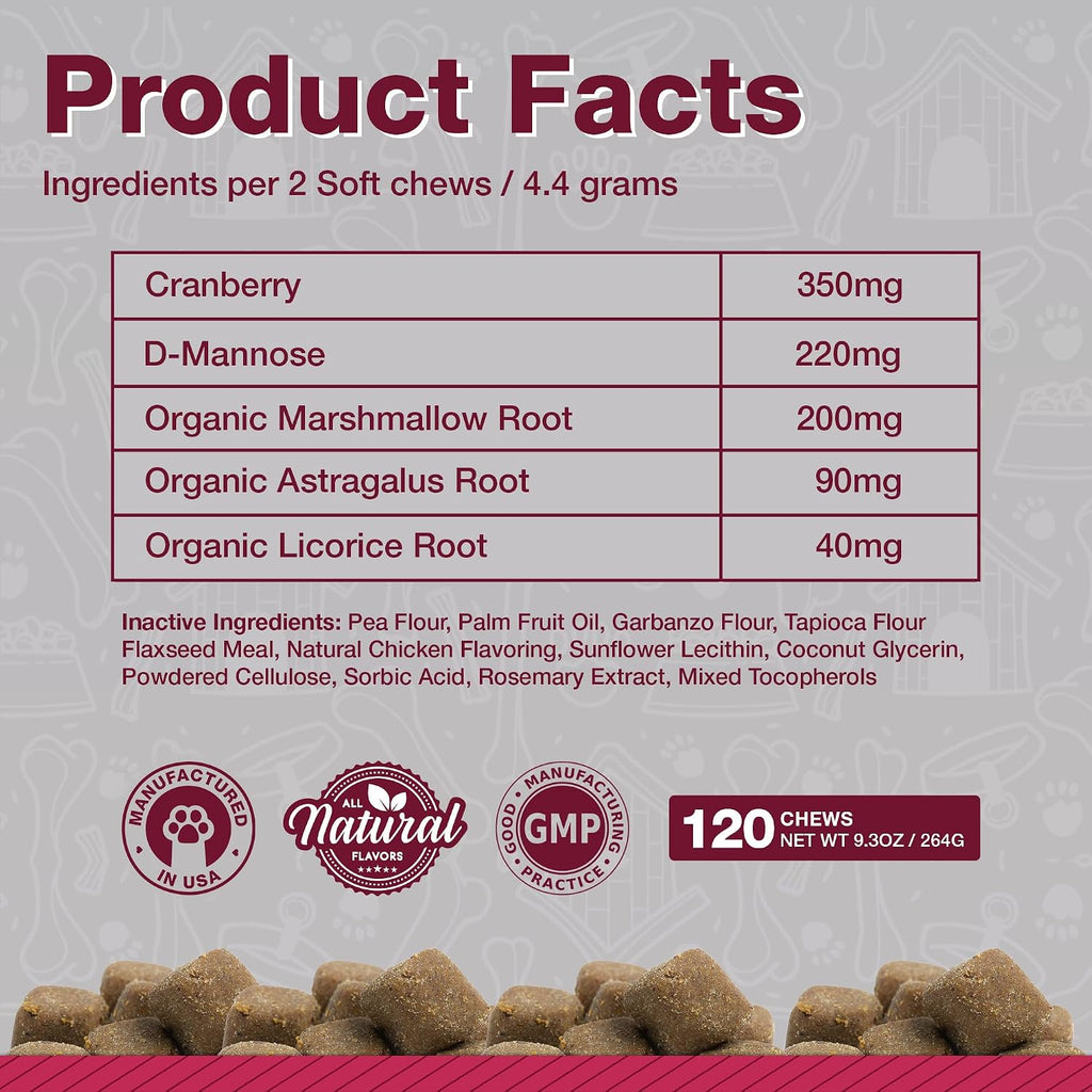 Complemento de Arándano Rojo para Perros - Soporte Urinario y de Vejiga - 120 Masticables Blandos