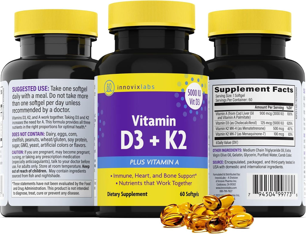 InnovixLabs Vitamina D3 K2 - 5000 UI + 600 mcg K2 MK4 y MK7, 60 Cápsulas Blandas