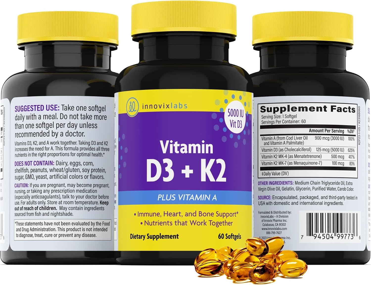 InnovixLabs Vitamina D3 K2 - 5000 UI + 600 mcg K2 MK4 y MK7, 60 Cápsulas Blandas