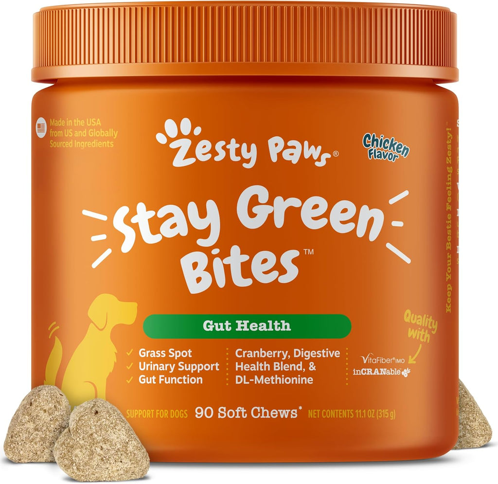 Zesty Paws Stay Green Bites - Snacks blandos para perros contra manchas de césped por orina - Sabor a pollo - 90 unidades