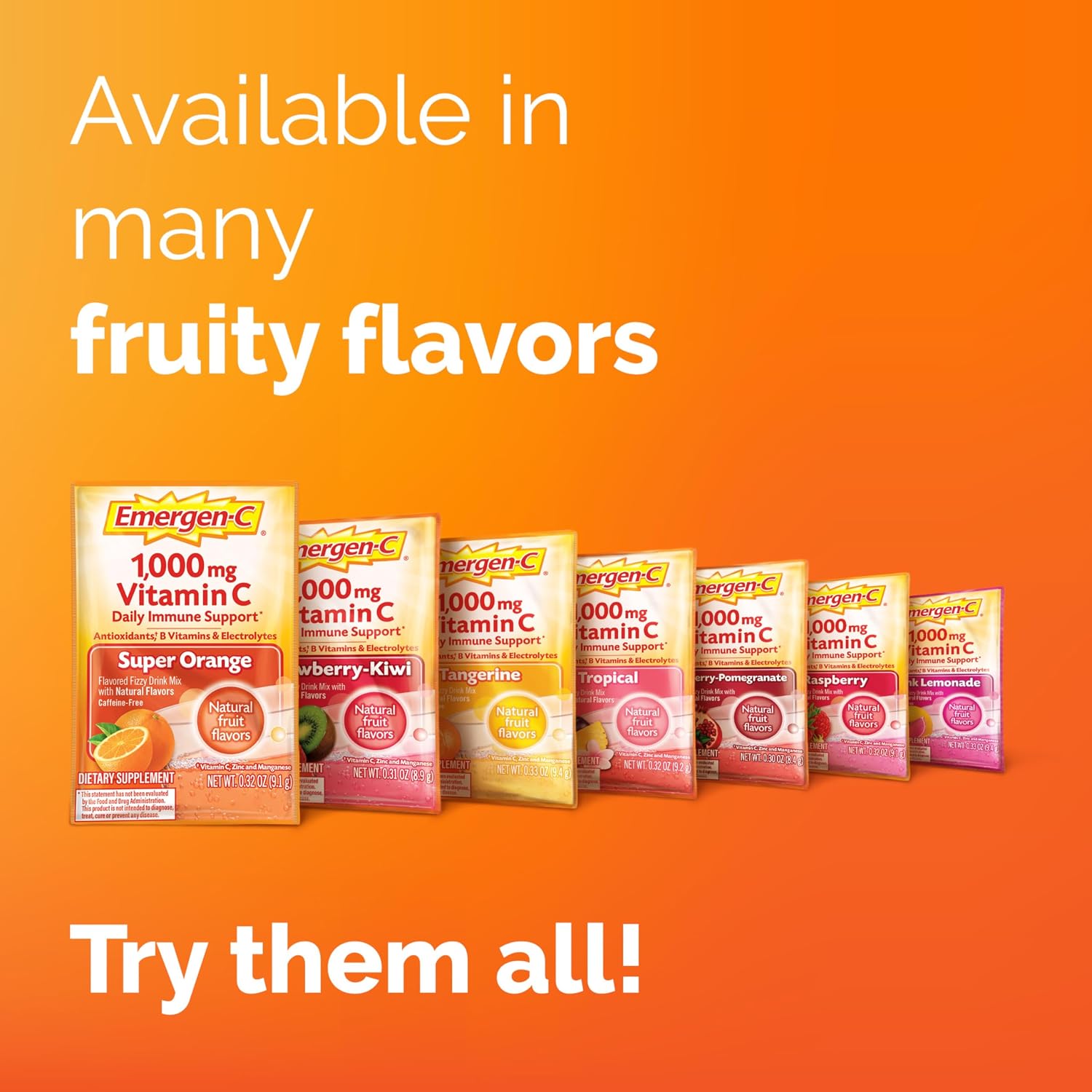 Emergen-C 1000mg Vitamina C en Polvo Sabor Naranja - 60 Sobres (2 Meses)