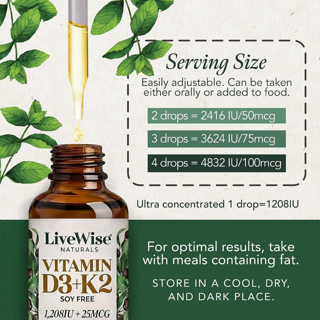 Live Wise Naturals Vitamina D3 K2 Gotas para Adultos, Ultra Concentradas | 930 Gotas, 1208 UI Vitamina D3, 25 mcg (MK-7)