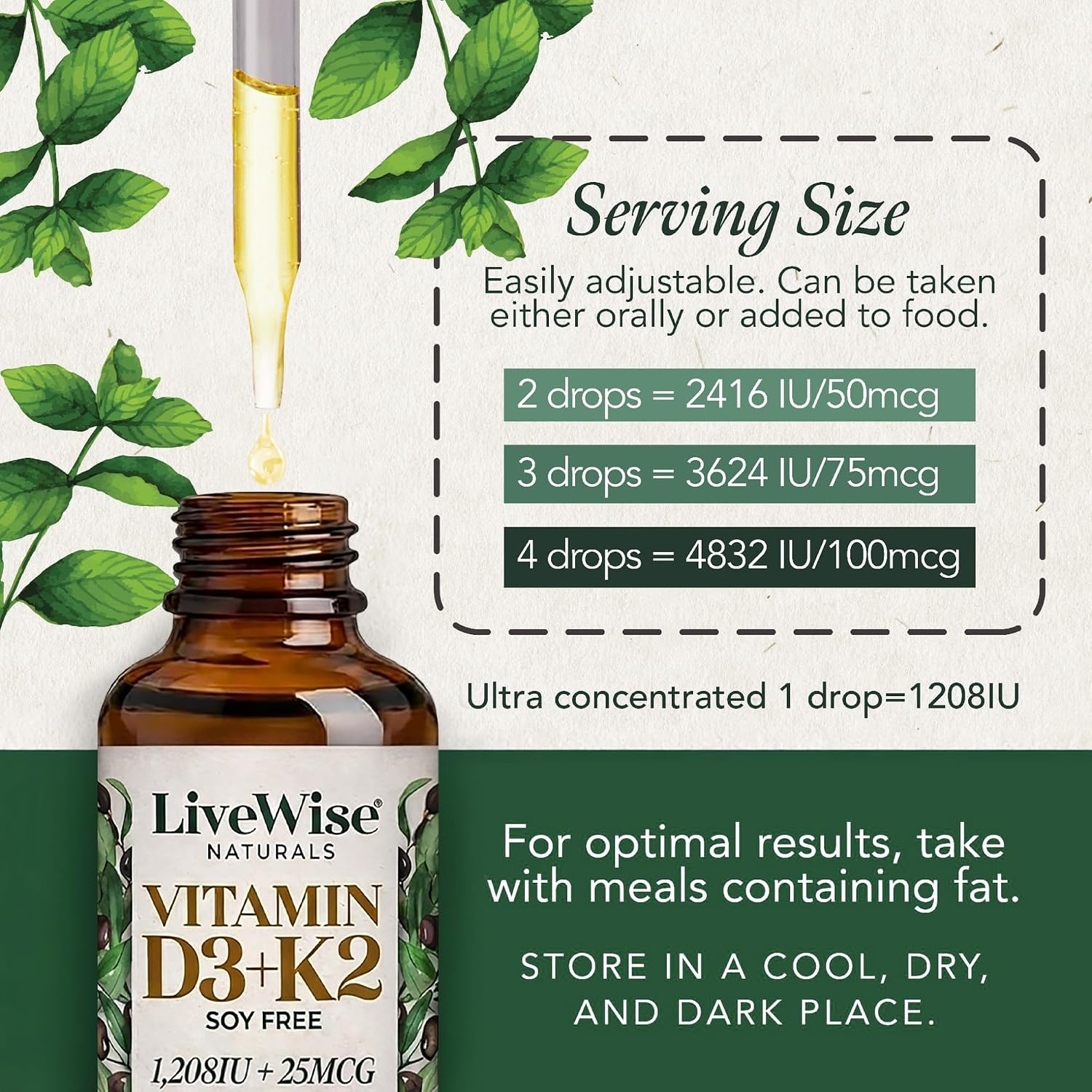 Live Wise Naturals Vitamina D3 K2 Gotas para Adultos, Ultra Concentradas | 930 Gotas, 1208 UI Vitamina D3, 25 mcg (MK-7)