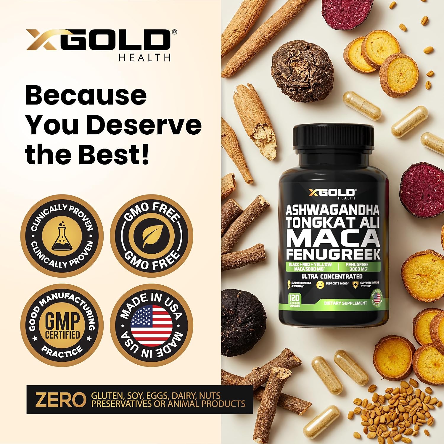 X Gold Health Complejo Herbal Ashwagandha 30:1 + Tongkat Ali 50:1 + Maca 20:1 + Fenogreco 10:1 | Extractos de Alta Potencia | Energía y Vitalidad