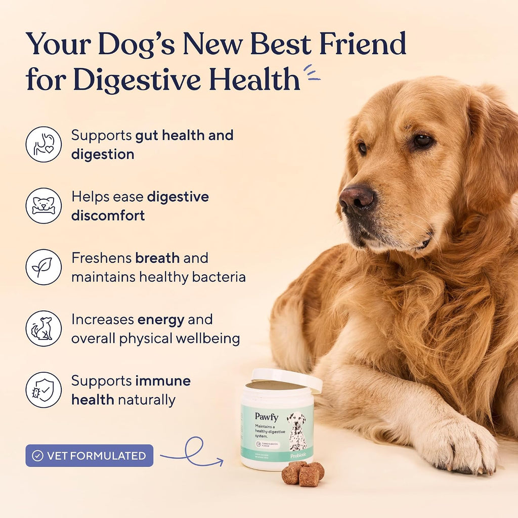 Pawfy Probióticos para Perros | Apoya la Salud Digestiva, Diarrea para Perros Pequeños y Grandes | Mejora la Salud Intestinal | Suplemento Anti Levaduras | Salud de la Piel y Alergias Estacionales - 30 Masticables (Bacon)
