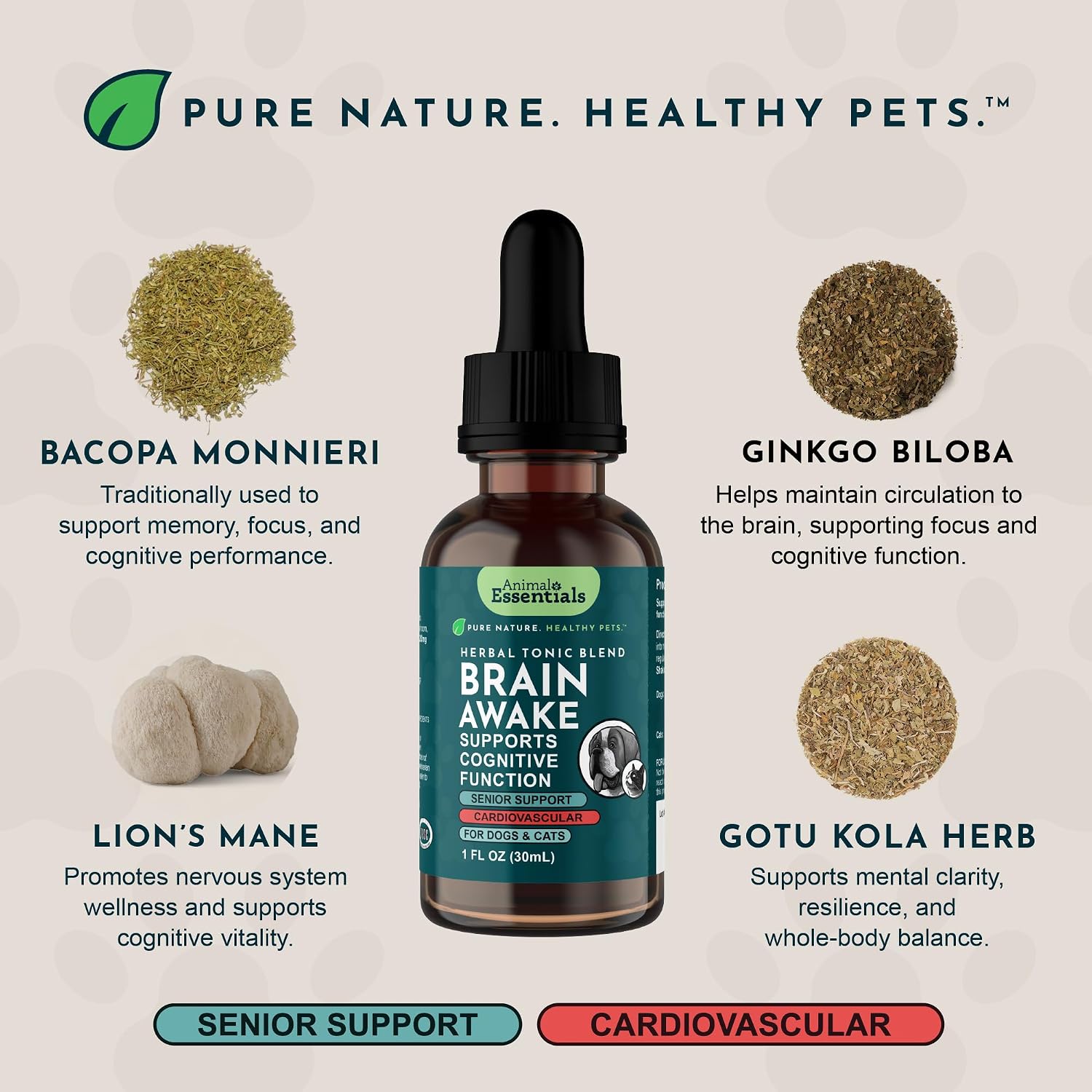Animal Essentials Brain Awake Fórmula de Apoyo Cognitivo para Perros y Gatos, 30 ml