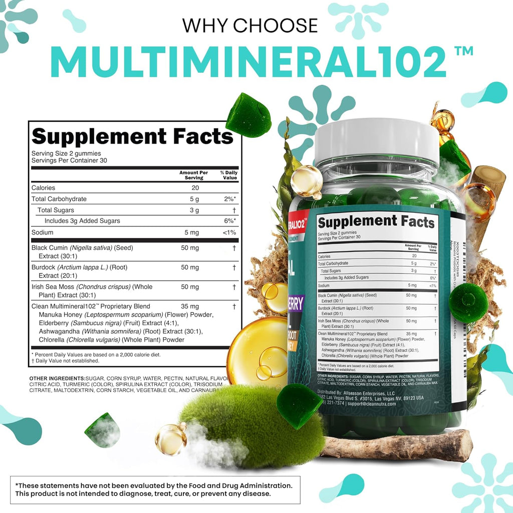 Gominolas de Sea Moss Multiminerales - Aceite de Semilla Negra, Ashwagandha, Saúco - Sabor Manzana Verde