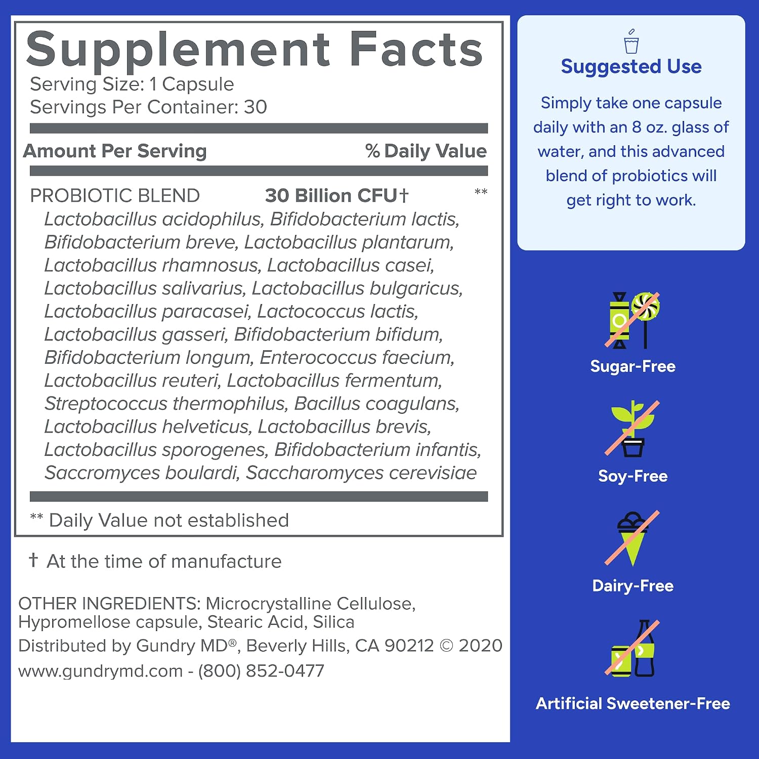 Gundry MD® 24 Strain Probiotic – 30 Billion CFUs para la Salud Intestinal, Digestión y Apoyo Inmunológico, 30 Cápsulas