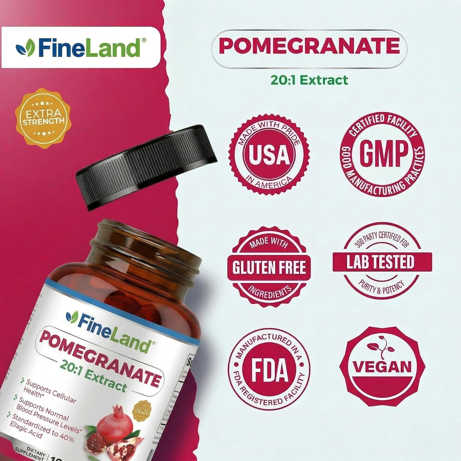 FineLand Extracto de Granada 20:1, 40% Ácido Elágico Estandarizado, Suplemento Antioxidante, 120 Cápsulas Veganas