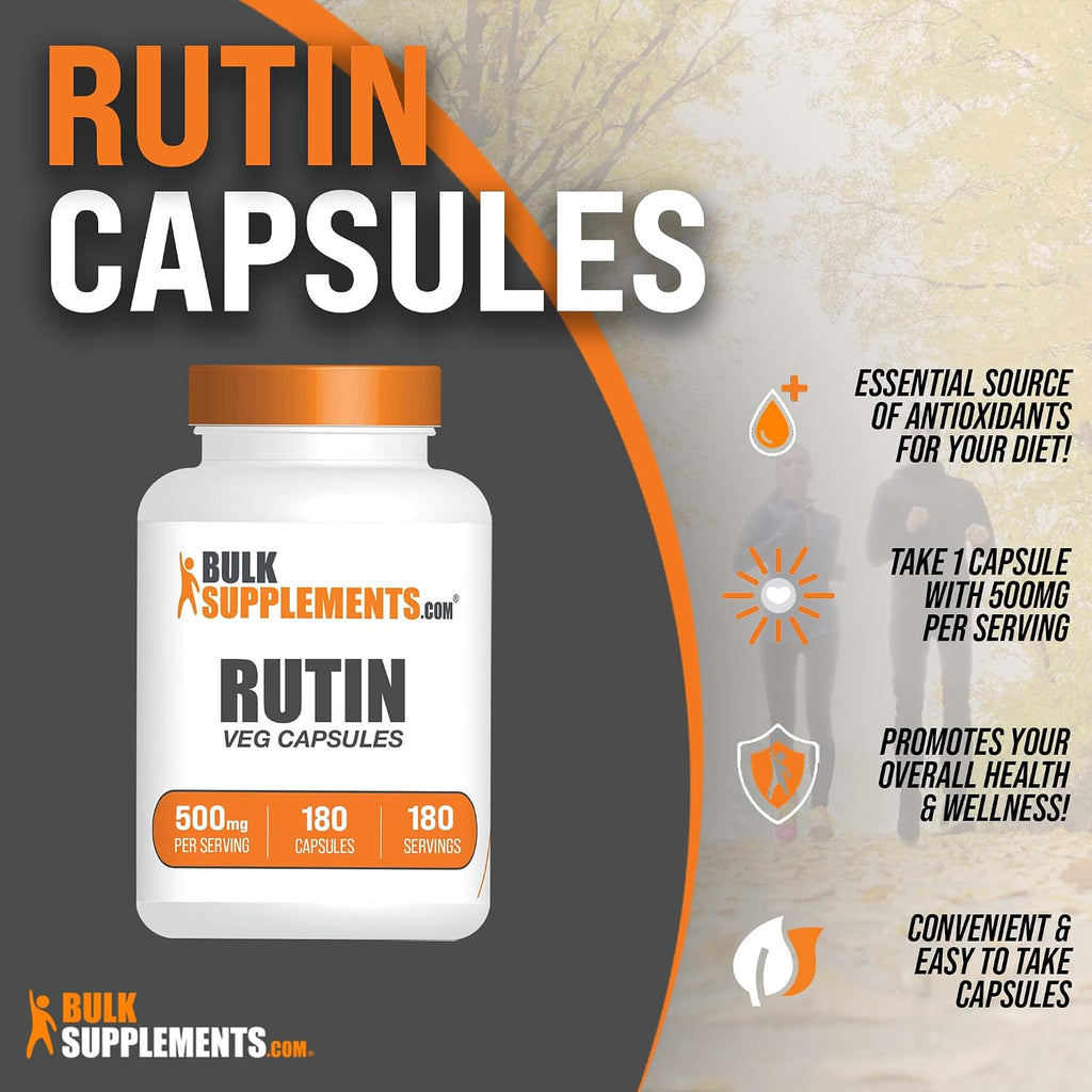 BulkSupplements.com Rutina 500mg Cápsulas - de Saphora Japonica, Complemento de Rutina, Antioxidante - Vegano y Sin Gluten, 1 Cápsula por Ración, 180 Cápsulas Vegetales