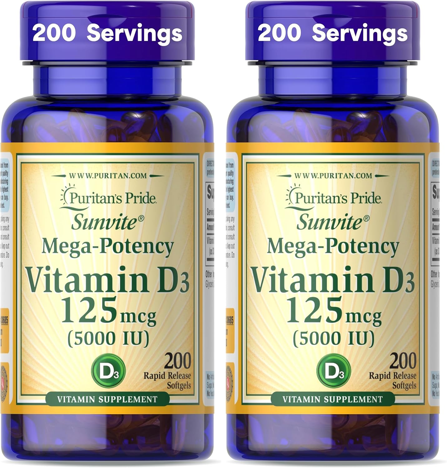 Puritan's Pride Vitamin D3 5000 IU Mega Strength 200 Softgels