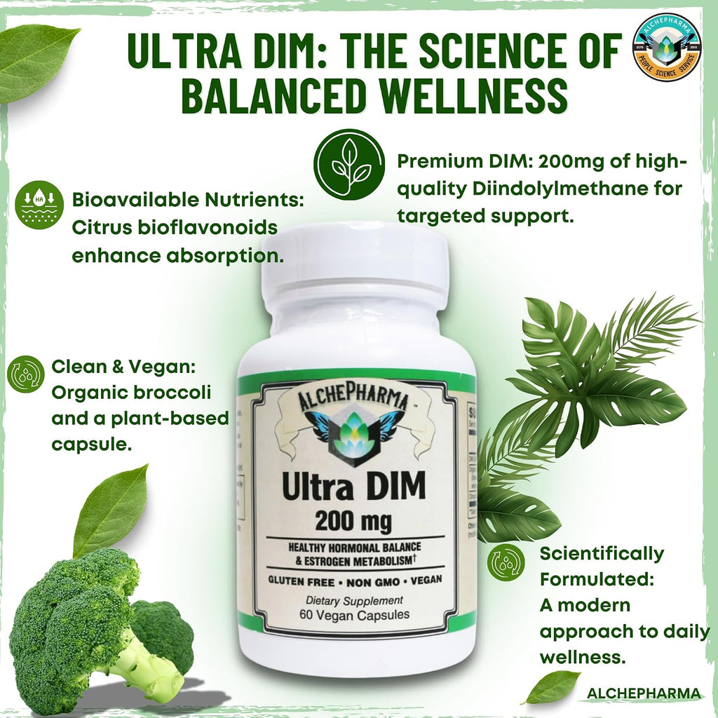 Ultra DIM 200mg, Complemento para el Equilibrio Hormonal, 200mg DIM con Extracto de Brócoli, Cápsulas Veganas
